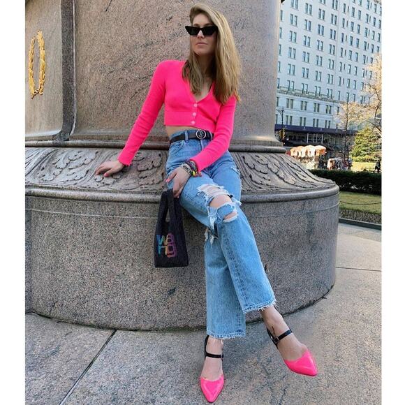 Helmut Lang Essential Crop Button Front Cardigan Sweater Neon Pink-S - Picture 4 of 10